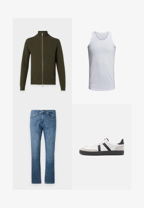 Olijfgroene ritstrui met hoge kraag, geribbelde textuur en lange mouwen. Voorzien van een zilveren rits en aansluitende manchetten en zoom.; Witte katoenen tanktop met een ronde hals, brede schouderbanden en minimale branding binnen de kraag. Zachte textuur, casual pasvorm.; Straight-leg blauwe denim jeans met klassiek ontwerp met vijf zakken en knoopsluiting, getoond tegen een witte achtergrond.; Witte sneaker met zwarte en grijze accenten, voorzien van een grijze neus met textuur, zwarte rubberen zool en platte witte veters. Schoon ontwerp, minimalistische stijl.