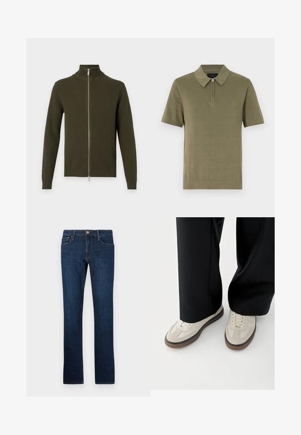 Oliven grøn zip-up sweater med høj krave, ribbet tekstur og lange ærmer. Har en sølv lynlås samt tætsiddende manchetter og bund.; Oliven grøn kortærmet polo skjorte med lynlås krave, tekstureret stof og lige kant. Enkel og ren design.; Mørkeblå denim jeans med lige ben-design, fem lommer og lukning foran med knap. Glat tekstur med diskrete syninger.; Fødder iført beige sneakers med brune såler og sorte bukser med vide ben på hvid baggrund.