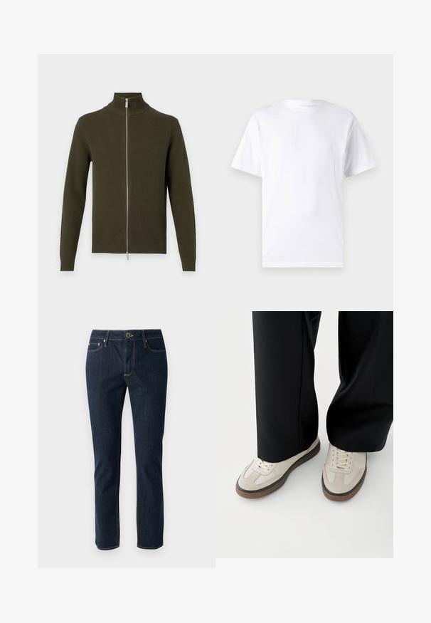 Olijfgroene ritstrui met hoge kraag, geribbelde textuur en lange mouwen. Voorzien van een zilveren rits en aansluitende manchetten en zoom.; Witte T-shirt met korte mouwen, gemaakt van katoen, met een ronde hals. Het heeft een gladde textuur en een eenvoudig ontwerp zonder patronen of accenten.; Donkerblauwe spijkerbroek met een recht model, voorzien van een knoopsluiting, vijf zakken en contrasterende stiksels. Gladde textuur.; Voeten met beige sneakers met bruine zolen en zwarte wijde broekspijpen op een witte achtergrond.