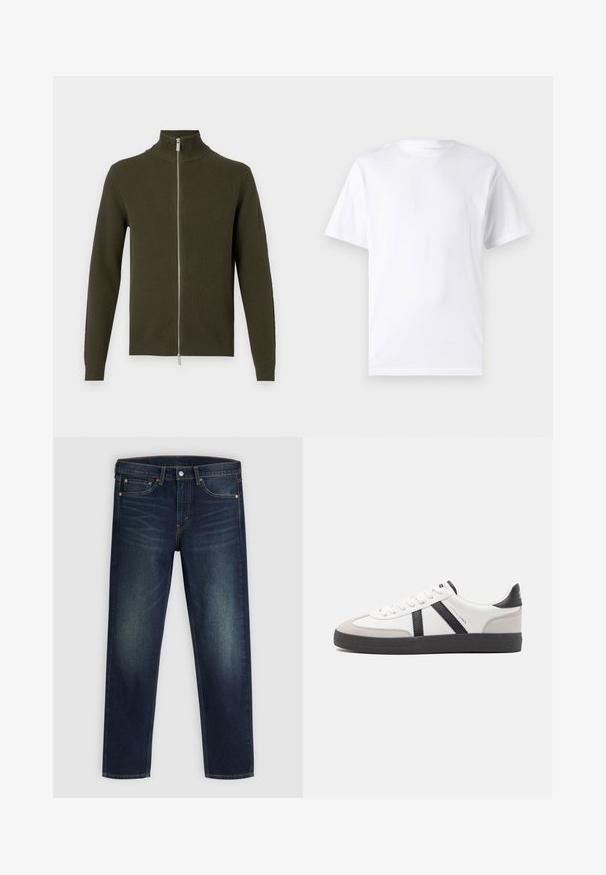 Sudadera verde oliva con cremallera y cuello alto, texturizada con relieve y de mangas largas. Presenta una cremallera plateada y puños y dobladillo ajustados.; Camiseta blanca de manga corta hecha de algodón con cuello redondo, que presenta una textura suave y un diseño simple sin patrones ni acentos.; Jeans de mezclilla azul oscuro con un ligero desgaste en los muslos, diseño de cinco bolsillos y cierre de botón y cremallera, exhibidos planos sobre un fondo gris.; Zapatilla blanca con acentos en negro y gris, que presenta una puntera texturizada en gris, suela de goma negra y cordones planos blancos. Diseño limpio, estilo minimalista.