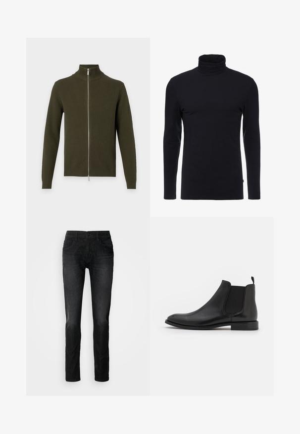 Olijfgroene ritstrui met hoge kraag, geribbelde textuur en lange mouwen. Voorzien van een zilveren rits en aansluitende manchetten en zoom.; Zwarte lange mouw turtleneck shirt gemaakt van zachte, rekbare stof. Heeft een aansluitend ontwerp en een gladde textuur. Geen zichtbare patronen of accenten.; Zwarte spijkerbroek van denim met een straight-leg snit, voorzien van vijf zakken, een knoopsluiting en een subtiele textuur in de stof. Geen zichtbare slijtage of patronen.; Zwarte leren Chelsea boot met elastische zijpanelen, een ronde neus en een lage hak. Gladde textuur met een minimalistisch ontwerp.