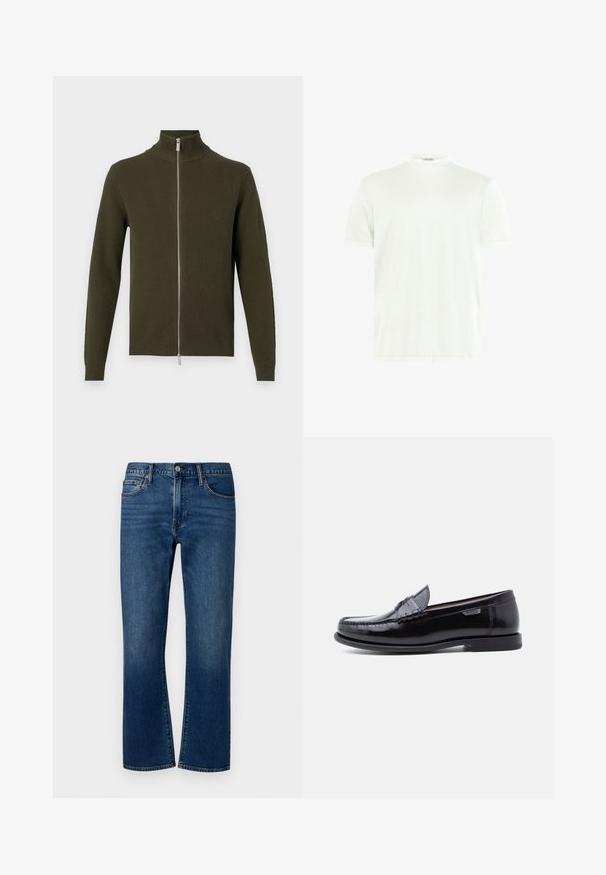 Sudadera verde oliva con cremallera y cuello alto, texturizada con relieve y de mangas largas. Presenta una cremallera plateada y puños y dobladillo ajustados.; Camiseta blanca de cuello redondo hecha de tela suave. Mangas cortas, sin estampados. Diseño simple con dobladillo recto y detalles mínimos.; Vaqueros de mezclilla en azul oscuro, con corte recto, que presentan una cintura de media altura, diseño de cinco bolsillos y una sutil textura desgastada en la parte frontal.; Mocasines de cuero negro con acabado brillante, que presentan un diseño cosido en la puntera y una suela baja de goma negra texturizada.