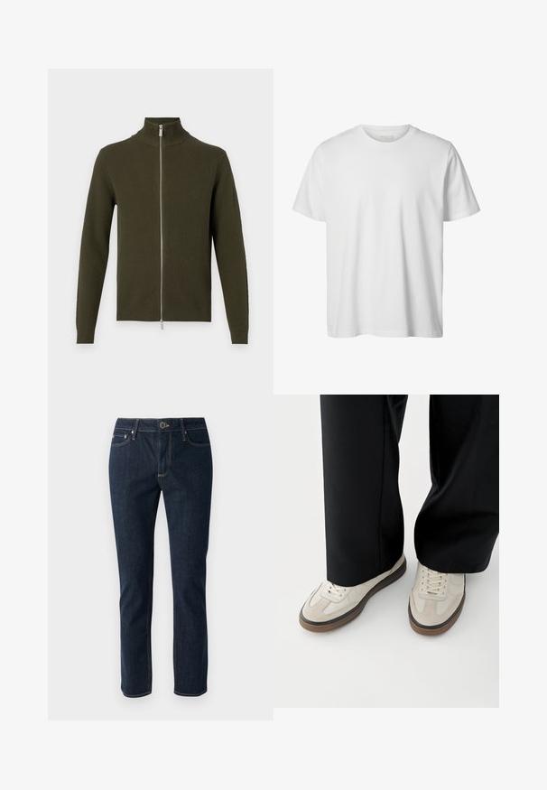 Olijfgroene ritstrui met hoge kraag, geribbelde textuur en lange mouwen. Voorzien van een zilveren rits en aansluitende manchetten en zoom.; Eenvoudig wit T-shirt met korte mouwen en ronde hals, losse pasvorm en zonder zichtbare logo's of ontwerpen aan de voorkant.; Donkerblauwe spijkerbroek met een recht model, voorzien van een knoopsluiting, vijf zakken en contrasterende stiksels. Gladde textuur.; Voeten met beige sneakers met bruine zolen en zwarte wijde broekspijpen op een witte achtergrond.