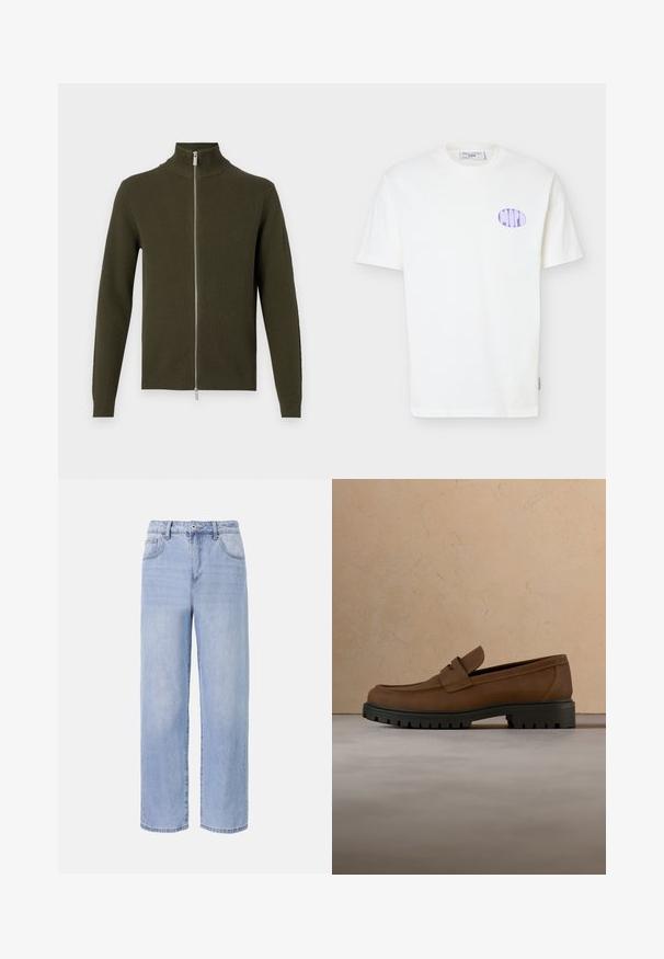 Oliven grøn zip-up sweater med høj krave, ribbet tekstur og lange ærmer. Har en sølv lynlås samt tætsiddende manchetter og bund.; Hvid kortærmet T-shirt af bomuld med lilla oval logo på venstre bryst og en rund halsudskæring.; Lyseblå denimjeans med et afslappet, bredbenet design. Funktioner inkluderer fem lommer, en frontknaplukning og diskret falmning.; Mørkebrune læderloafer med tyk sort gummisål vist over en beige tæppe- og sofa baggrund.