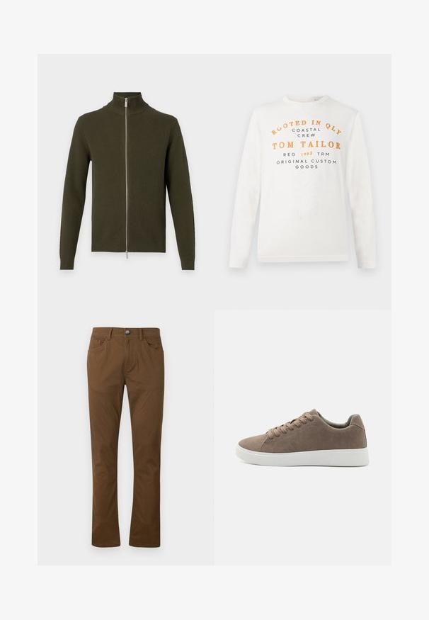Sudadera verde oliva con cremallera y cuello alto, texturizada con relieve y de mangas largas. Presenta una cremallera plateada y puños y dobladillo ajustados.; Camisa blanca de manga larga con texto en naranja y negro que dice "Rooted in QLY Coastal Crew Tom Tailor Reg 1962 TRM Original Custom Goods" en la parte frontal.; Pantalones rectos marrones con cierre delantero de botón y cremallera, bolsillos delanteros y traseros, y pasadores para cinturón.; Zapatillas de ante marrón con suelas de goma blanca planas, diseño de cordones, punta redondeada y una textura suave. Estilo minimalista con sutiles detalles de costura.