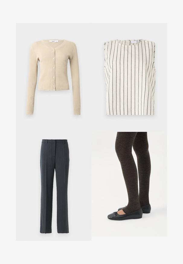 Beige ribbet cardigan med lange ærmer og V-hals. Har seks knaplukninger foran og en tætsiddende silhuet. Blød tekstur.; Ærmeløs top lavet af cremfabric med sorte lodrette striber. Har en rund halsudskæring og en lille åbning bagpå. Minimalistisk design.; Mørkegrå stribede lige ben bukser til mænd med bælteholdere og lynlåsclosure på en hvid baggrund.; Ben iført mørke ribbede leggings kombineret med sorte balletsko med små sløjfedetaljer på hvid baggrund.