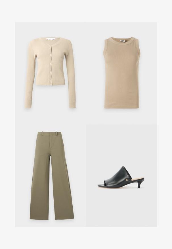 Beige ribbet cardigan med lange ærmer og V-hals. Har seks knaplukninger foran og en tætsiddende silhuet. Blød tekstur.; Beige ærmeløs top lavet af ribbet stof med rund hals, der har tonale stikninger og en tætsiddende design.; Lys olivenfarvede brede bukser med en glat tekstur, der har en frontlynt, bæltestropper og to sidelommer.; Sorte læder open-toe mules med en lav hæl. Har en glat overflade og et guld logo-prim på siden.