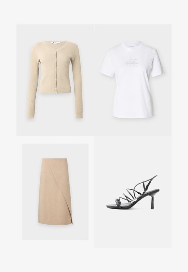 Beige ribbet cardigan med lange ærmer og V-hals. Har seks knaplukninger foran og en tætsiddende silhuet. Blød tekstur.; Hvid bomulds t-shirt med korte ærmer, der har et gråt logo foran, rund halsudskæring og klassisk pasform.; Beige knælang slå-om-nederdel med fint tekstureret stof og asymmetrisk frontoverlæg.; Sort højhælet sandal med tynde buede remme, sølv accenter og en justerbar ankelspænde på en hvid baggrund.