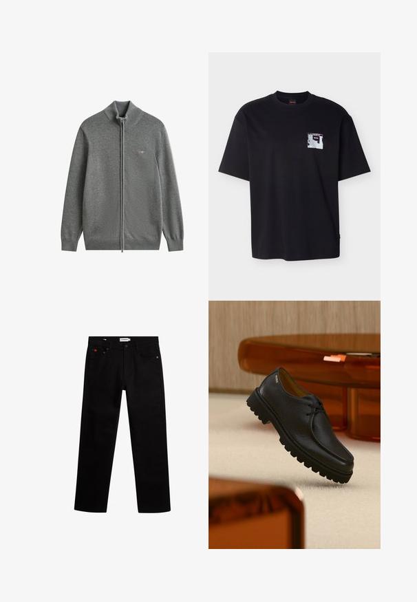 Grå strikket trøje med fuld lynlås, ribstrikket krave, manchetter og kant, med et lille broderet logo på venstre bryst.; Sort T-shirt med korte ærmer og et lille abstrakt grafisk motiv samt teksten "BOSS" på området ved venstre brystlomme.; J.LINDEBERG Jeans Straight Leg - black; Sort tekstureret lædersko med snørebånd og tyk rillet sål, mærket "HUGO" nær hælen, vist mod et beige tæppe og ravfarvet møbel.