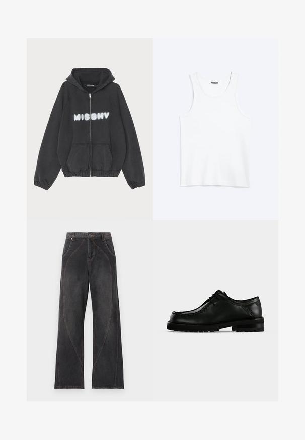 Hoodie noir avec zip sur le devant, poignets et ourlet côtelés. Présente "MISBHV" imprimé en lettres blanches de style graffiti sur la poitrine.; Débardeur blanc sans manches avec col rond et étiquette de la marque Weekday à l'intérieur du col arrière, présenté à plat sur un fond clair.; Jean noir à jambes larges, taille haute, détails de coutures courbes, poches avant, passants de ceinture et fermeture à bouton.; Chaussure en cuir noir à lacets avec semelle épaisse en caoutchouc et couture moc toe, vue de profil gauche sur fond clair uni.
