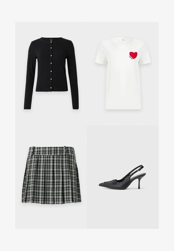Cardigan noir à manches longues en tissu doux. Il présente un col rond et une fermeture boutonnée à l'avant avec des boutons brillants et décoratifs.; T-shirt blanc à manches courtes avec un cœur rouge et le mot "AMOUR" imprimé sur la zone gauche de la poitrine.; Jupe plissée à carreaux noir et blanc avec une taille lisse et de multiples plis verticaux. Fabriquée en tissu léger.; Escarpin en cuir noir à talon aiguille avec un bout pointu, une bride latérale à boucle, des clous le long du bord et un laçage décoratif à l'avant.
