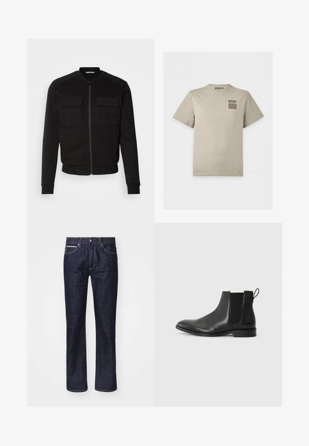 Sort bomberjakke lavet af blødt stof har lynlås foran, to brystlommer, ribbede manchetter og en cropped længde. Glat tekstur og tætsiddende design.; Beige kortærmet T-shirt med rund halsudskæring og et lille firkantet logo med teksten "Michael Kors" på venstre bryst.; Mørkeblå denim jeans med lige pasform, diskrete kontrastsyninger, fem lommer og knappelukning i taljen.; JOOP! PERO KLEITOS CHELSEA - Støvletter - black