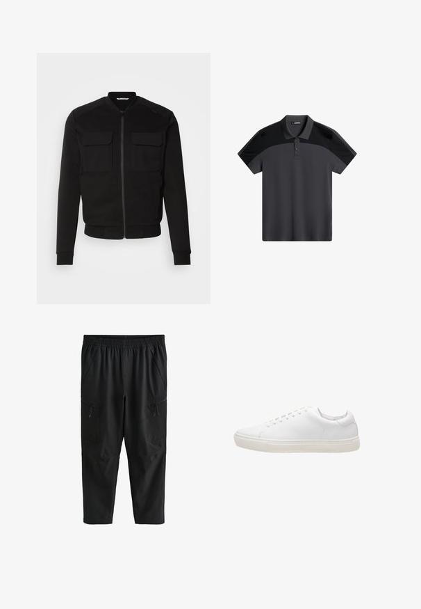 Sort bomberjakke lavet af blødt stof har lynlås foran, to brystlommer, ribbede manchetter og en cropped længde. Glat tekstur og tætsiddende design.; Mørkegrå polo t-shirt med korte ærmer og en to-knaps placket. Har kontrasterende sorte overpaneler og glat, let stof.; Sorte bukser med elastisk talje, lynlåslommer i siden og en afslappet pasform, designet til afslappet eller atletisk brug.; Hvide lædersneakers med en glat overflade, rund tå, snørebåndslukning og flad gummisål. Minimalistisk design uden synlige mønstre.