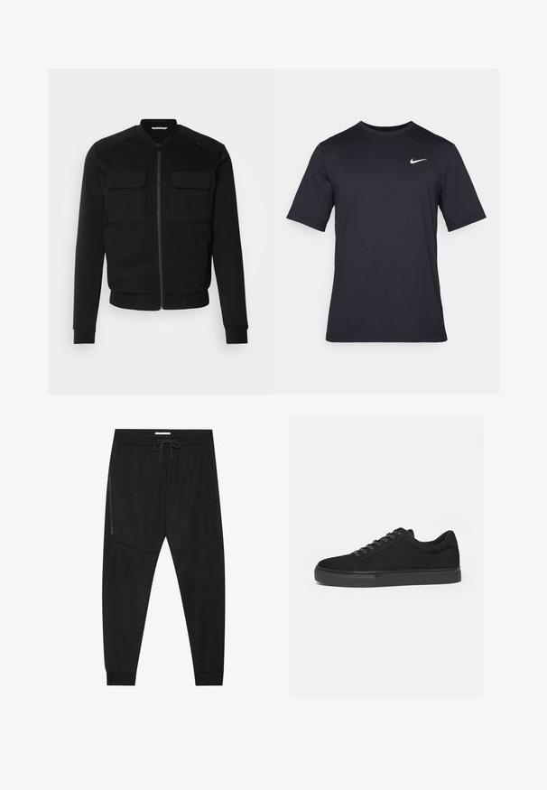 Sort bomberjakke lavet af blødt stof har lynlås foran, to brystlommer, ribbede manchetter og en cropped længde. Glat tekstur og tætsiddende design.; Sort kortærmet Nike t-shirt lavet af glat stof, med et hvidt swoosh-logo på øverste venstre side, rund halsudskæring.; Sorte træningsbukser lavet af tekstureret stof, med justerbar talje, lynlåslomme på siden og tapered cuffs.; Sort lavtop sneaker med snørelukning foran og flad gummisål, vist fra siden på en hvid baggrund.