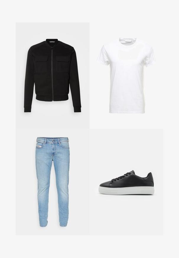 Blouson noir en matériau doux, doté d'une fermeture éclair à l'avant, de deux poches poitrine, de poignets côtelés et d'un ourlet court. Texture lisse et design ajusté.; T-shirt en coton blanc à manches courtes, design col rond et texture lisse. Étiquette visible au niveau du col. Style simple et classique.; Jeans en denim bleu clair avec une coupe slim, un design à cinq poches, une fermeture à bouton et un léger effet délavé sur le tissu pour ajouter texture et profondeur.; Sneaker en cuir noir avec bout rond, semelle en caoutchouc blanc et lacets noirs. Présente une finition lisse et un design minimaliste.