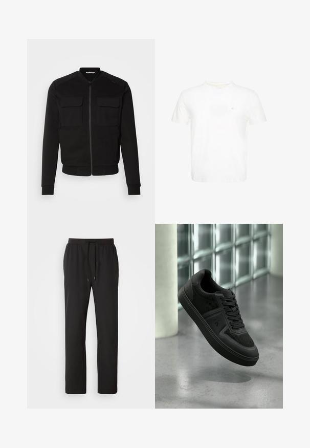 Sort bomberjakke lavet af blødt stof har lynlås foran, to brystlommer, ribbede manchetter og en cropped længde. Glat tekstur og tætsiddende design.; Hvid T-shirt med korte ærmer og rund hals med lille broderet "ck" logo på venstre bryst.; Sorte joggerbukser lavet af letvægtsstof, med elastisk talje med justerbare snore og sidelommer. Glat tekstur.; Sort lavtop-sneaker med teksturerede paneler, snørebånd og "ck"-logo på siden, svævende over en poleret beton-gulv nær glasblokke.