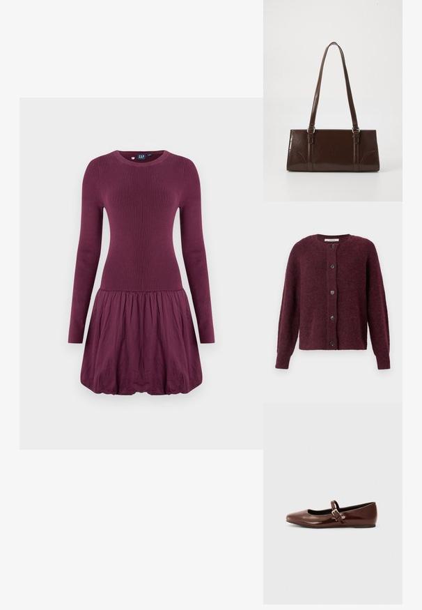 Cardigan couleur marmelade en tissu tricoté texturé, avec un col rond, des manches longues et cinq boutons noirs sur le devant.; Robe violette avec un corsage côtelé, des manches longues et une jupe froncée. Le tissu semble lisse avec une texture légère.; Ballerine en cuir verni marron avec un bout carré et une lanière ornée d'une petite boucle dorée. Texture lisse, talon bas et design minimaliste.; Sac à main en cuir verni marron de forme rectangulaire, avec deux longues poignées et des accents courbés subtils à l'avant.