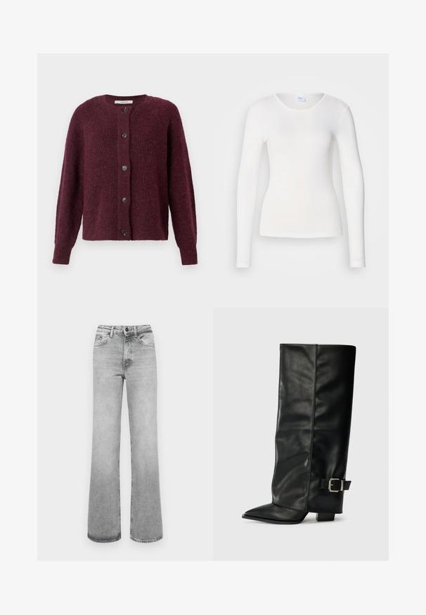 Cárdigan color mermelada hecho de tejido de punto texturizado, con cuello redondo, mangas largas y cinco botones negros en el frente.; Camisa blanca de manga larga hecha de una tela suave y lisa; presenta un cuello redondo y una forma ajustada, sin patrones ni adornos.; Jeans rectos de color gris claro deslavado con bolsillos delanteros, pasadores para el cinturón y cierre de botón y cremallera.; Botas de cuero negro hasta el tobillo con punta afilada, textura suave y un detalle de hebilla plateada en el lado. Tacón cuadrado grueso.
