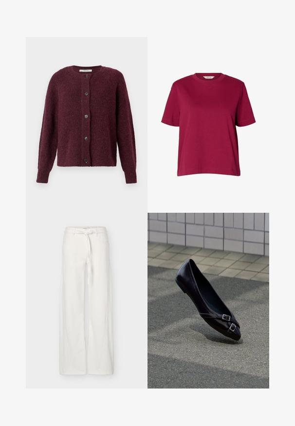 Marmeladefarvet cardigan lavet af struktureret strikket stof, med rund hals, lange ærmer og fem sorte knapper ned foran.; Ensfarvet bordeaux t-shirt med korte ærmer og rund halsudskæring, løs pasform, vist på ensfarvet hvid baggrund.; Hvide bukser med brede ben, frontlommer og et stofbælte bundet i taljen, vist på en ensfarvet baggrund.; Sort spids balletflat med to små sølvspænder, der svæver over asfalt nær en flisebelagt væg som baggrund.