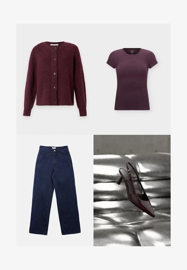 Marmeladefarvet cardigan lavet af struktureret strikket stof, med rund hals, lange ærmer og fem sorte knapper ned foran.; Mørkelilla, tætsiddende t-shirt med korte ærmer, rund hals og lille broderet GAP-logo centreret på brystet.; Mørkeblå denimbukser med lige ben, der har en frontknaplukning, bæltestropper og to forlommer.; Blank mørkerød slingback højhælet sko med spids tå, vist på en skinnende sølvfarvet polstret læderoverflade.