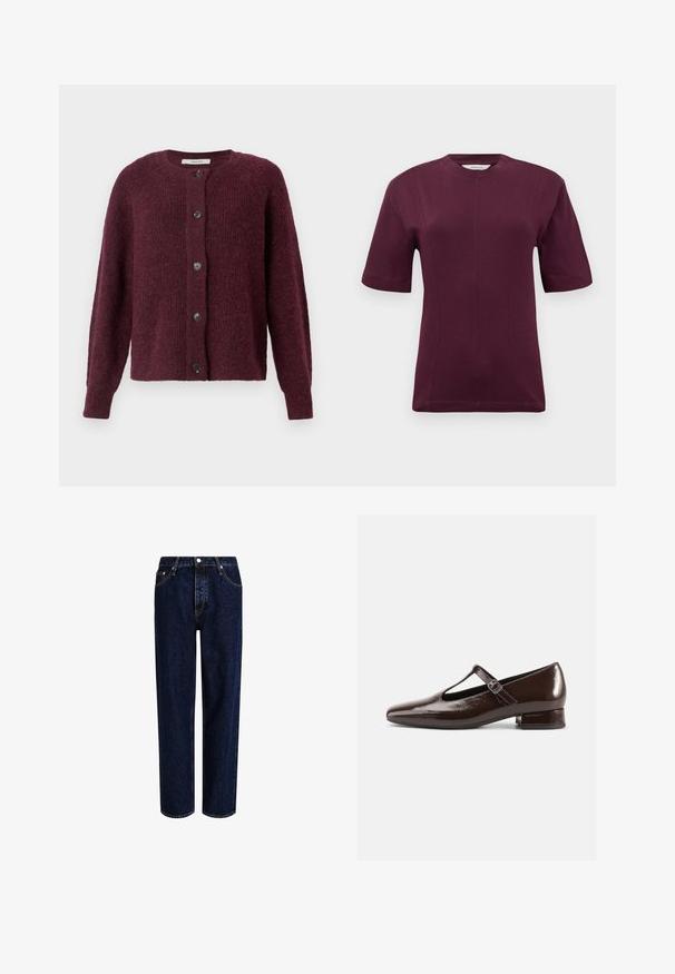 Cárdigan color mermelada hecho de tejido de punto texturizado, con cuello redondo, mangas largas y cinco botones negros en el frente.; Camiseta de manga corta color marrón burdeos, confeccionada con suave tela de algodón, que presenta un escote redondo y detalles de costura sutiles en la parte delantera.; Jeans de mezclilla azul oscuro con un diseño de pierna recta, que presentan una cintura alta, estilo de cinco bolsillos y costuras en contraste. Sin adornos.; Zapatos Mary Jane de charol marrón con punta redondeada, diseño recortado y una correa ajustable. Tacón bajo y ancho.