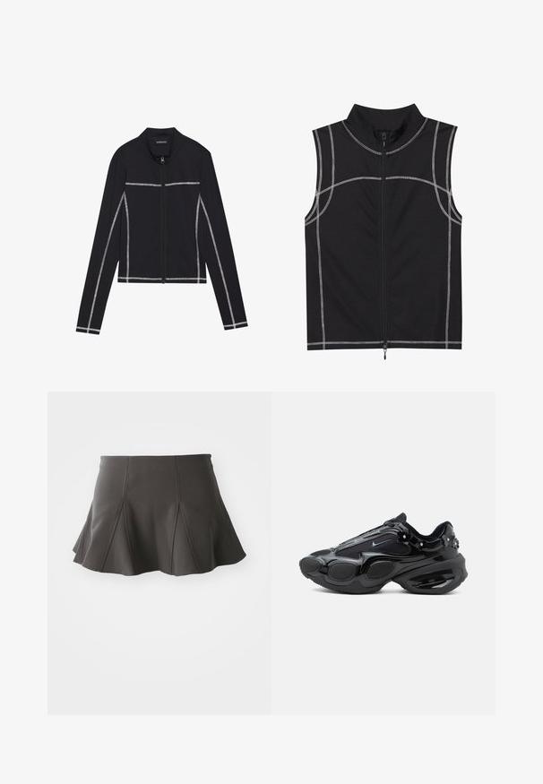 Even&Odd by Zalando Φούτερ με φερμουάρ - black; Μαύρο αμάνικο γιλέκο κατασκευασμένο από ομαλό ύφασμα, με λεπτομέρειες από ασημένια ραφή και κλείσιμο με φερμουάρ μπροστά, σχεδιασμένο με ψηλό γιακά.; Μαύρη φλοράλ φούστα με εφαρμοστό μέσο, με κατακόρυφες ραφές και απαλό υλικό. Η γραμμή του τελειώματος είναι ελαφρώς καμπυλωτή και φτάνει ακριβώς πάνω από το γόνατο.; Μαύρο αθλητικό παπούτσι με γυαλιστερά και διχτυωτά πάνελ, στρογγυλεμένα τμήματα σόλας και μικρές διακοσμητικές λεπτομέρειες με λουλούδια κοντά στη φτέρνα και τα κορδόνια.