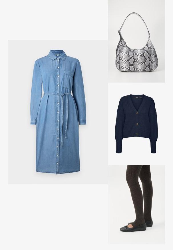 Cardigan de punto grueso azul marino con cuello en V, mangas largas, puños y dobladillo acanalados, y tres grandes botones oscuros en la parte delantera.; Vestido camisero de denim en azul claro, con mangas largas, frente abotonado, cuello y cinturón en la cintura. Incluye un detalle de bolsillo en el pecho.; Piernas con leggings oscuros acanalados combinados con bailarinas negras que presentan pequeños detalles de lazo sobre un fondo blanco.; Bolso de hombro con estampado de serpiente en blanco y negro, de forma redondeada, textura suave y correa curvada. Presenta un acento de hardware plateado.