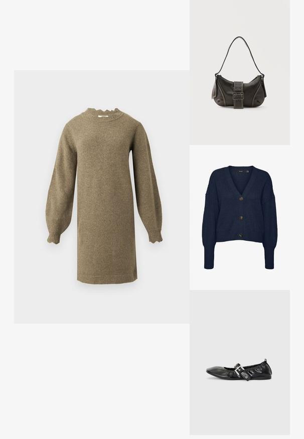 Marineblå chunky strikket cardigan med V-hals, lange ærmer, ribbede manchetter og kant samt tre store mørke knapper foran.; Strikket taupe kjole med lange ærmer, flæset mock-krave og manchetter, vist på en ensartet lys baggrund.; Sorte læder flade sko med spids tå, samling detaljer omkring åbningen, og en sølv spænde accent på den justerbare rem.; Sort læder skuldertaske med spænde på remmen, afrundede kanter og kontrasterende hvide syninger på en ensfarvet baggrund.