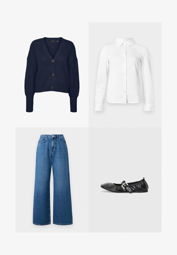 Donkerblauwe grofgebreide cardigan met V-hals, lange mouwen, geribbelde manchetten en zoom, en drie grote donkere knopen aan de voorkant.; Witte blouse met lange mouwen en knopen, met puntige kraag, rechte zoom en aansluitende silhouet, weergegeven op een effen lichte achtergrond.; Brede blauwe denim jeans met een hoge taille, voorzien van een vijf-pocketdesign, een sluiting met een knoop aan de voorkant en subtiele vervaging op de stof.; Zwarte leren platte schoen met een spitse neus, geplooide details rond de opening en een zilveren gespaccentueerde verstelbare band.
