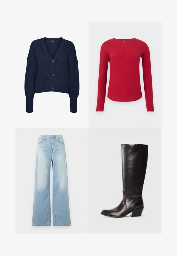 Marineblå chunky strikket cardigan med V-hals, lange ærmer, ribbede manchetter og kant samt tre store mørke knapper foran.; Langærmet rød ribstrikket bluse med rund hals, buet skørt, tætsiddende silhuet og GAP-mærke inde i kraven.; Lyseblå jeans med vide ben og høj talje, forrest med knapper og lommer, vist mod en hvid baggrund.; Knæhøj, mørkebrun læderstøvle med spids tå, vinkelret blokhæl og en glat, blank overflade. Har et enkelt design og syningsdetaljer.
