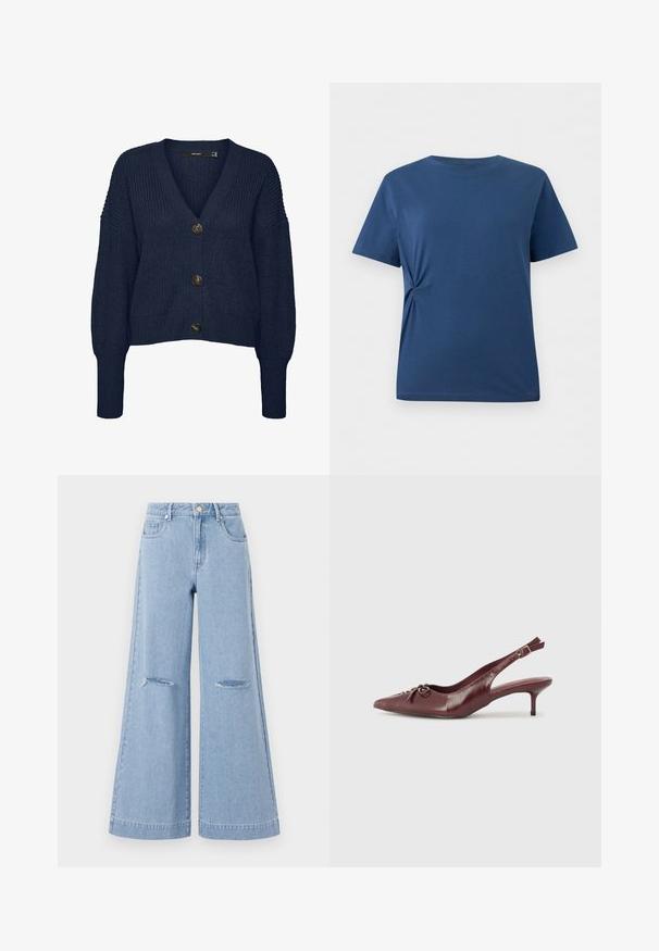 Marineblå chunky strikket cardigan med V-hals, lange ærmer, ribbede manchetter og kant samt tre store mørke knapper foran.; Blå T-shirt med korte ærmer og en subtil sideknude på venstre talje, vist på en hvid baggrund.; Lyseblå bredbenede jeans med høj talje, der har to forlommer og to slidte knædetaljer, fremstillet af denimmateriale.; Bordeaux læder slingback hæl med spidse tå, justerbar rem og dekorativ sløjfedetalje foran. 7,5 cm hælhøjde.