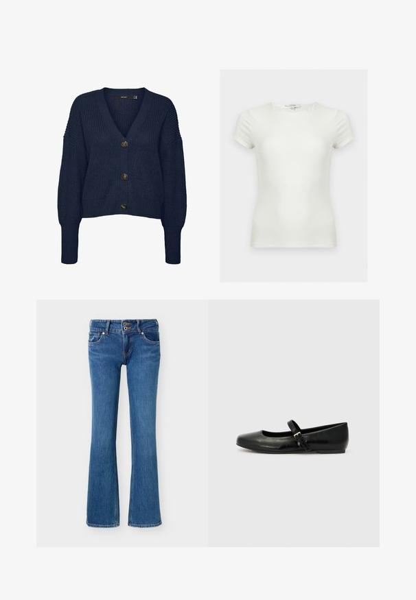Marineblå chunky strikket cardigan med V-hals, lange ærmer, ribbede manchetter og kant samt tre store mørke knapper foran.; Plain hvid tætsiddende t-shirt med korte ærmer og rund halsudskæring, vist på en neutral baggrund.; Blå denim bootcut-jeans med dobbelt knaplukning, lommer foran og bagpå samt standard syningsdetaljer.; Sorte læder balletflade med rund tå, flad sål og en tynd justerbar rem over svangen med en metalspænde.