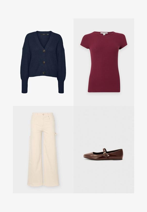 Donkerblauwe grofgebreide cardigan met V-hals, lange mouwen, geribbelde manchetten en zoom, en drie grote donkere knopen aan de voorkant.; Paars geribd T-shirt met korte mouwen, ronde hals, een aangesloten silhouet en een effen textuur, gepresenteerd tegen een effen achtergrond.; Beige broek met wijde pijpen, voor- en achterzakken, riemlussen, knoopsluiting en een zijlusdetail op een effen achtergrond.; Bruine gepatineerde leren balletschoen met een vierkante neus en een bandje met een kleine gouden gesp. Gladde textuur, lage hak en minimalistisch ontwerp.
