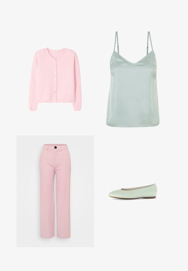 Cárdigan de lana rosa suave con mangas largas y escote redondo, con una fila de botones blancos en la parte delantera.; Camiseta de satén verde claro con tirantes finos ajustables y escote en V, con una textura suave y un corte holgado.; Pantalones de pierna ancha en rosa claro con una textura suave, con un botón negro y un diseño clásico de cinturilla. No hay bolsillos adicionales visibles.; Bailarinas de cuero verde menta claro con punta redonda, diseño minimalista y suela plana, con una textura suave y sin adornos.