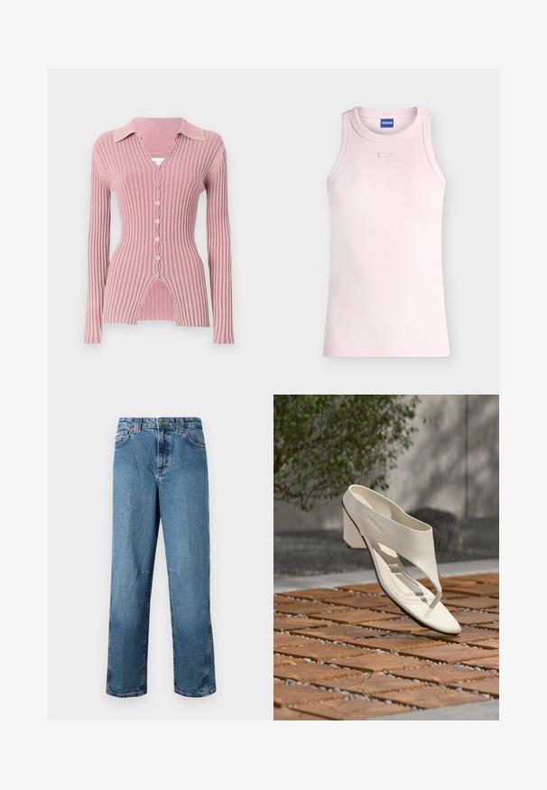 Cardigan de manga larga y canalé en rosa claro, con un cuello con solapas, escote en V y cierre de cinco botones con un distintivo dobladillo dividido.; Camiseta sin mangas de canalé en rosa claro con escote redondo y pequeño detalle rectangular de tela debajo del cuello, etiqueta HUGO en el interior del cuello.; Jeans de denim de color azul claro con corte recto, con bolsillos cosidos, cierre de botón en el frente y un desvanecimiento mínimo en la tela.; Sandalia de tacón de cuero blanco con una tira ancha y separador de dedos, mostrada al aire libre sobre una superficie de madera y baldosas de grava con vegetación al fondo.