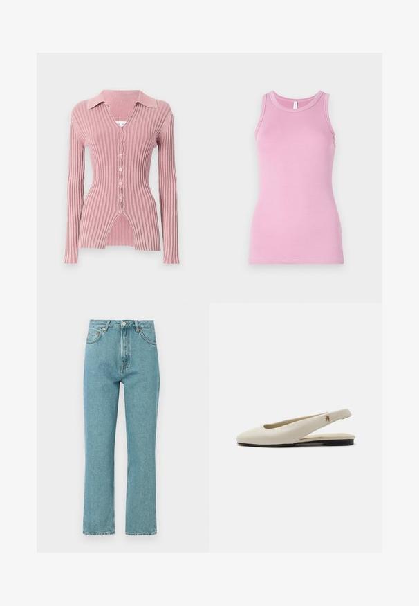 Cardigan de manga larga y canalé en rosa claro, con un cuello con solapas, escote en V y cierre de cinco botones con un distintivo dobladillo dividido.; Top rosa de tirantes con un diseño ajustado, que presenta un cuello redondo y textura acanalada. Sin patrones ni acentos presentes.; Jeans de tiro alto en azul claro con un diseño de pierna recta. Hechos de denim, cuentan con bolsillos frontales y un cierre de botón.; Zapato plano slingback de cuero color crema con puntera redondeada y pequeño emblema dorado en la correa.