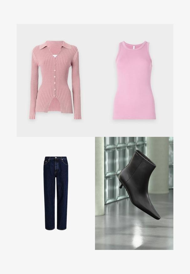 Cardigan de manga larga y canalé en rosa claro, con un cuello con solapas, escote en V y cierre de cinco botones con un distintivo dobladillo dividido.; Top rosa de tirantes con un diseño ajustado, que presenta un cuello redondo y textura acanalada. Sin patrones ni acentos presentes.; Jeans de mezclilla azul oscuro con un diseño de pierna recta, que presentan una cintura alta, estilo de cinco bolsillos y costuras en contraste. Sin adornos.; Bota de cuero negro para el tobillo con puntera puntiaguda y tacón pequeño, exhibida frente a una pared de bloques de vidrio y un suelo pulido.