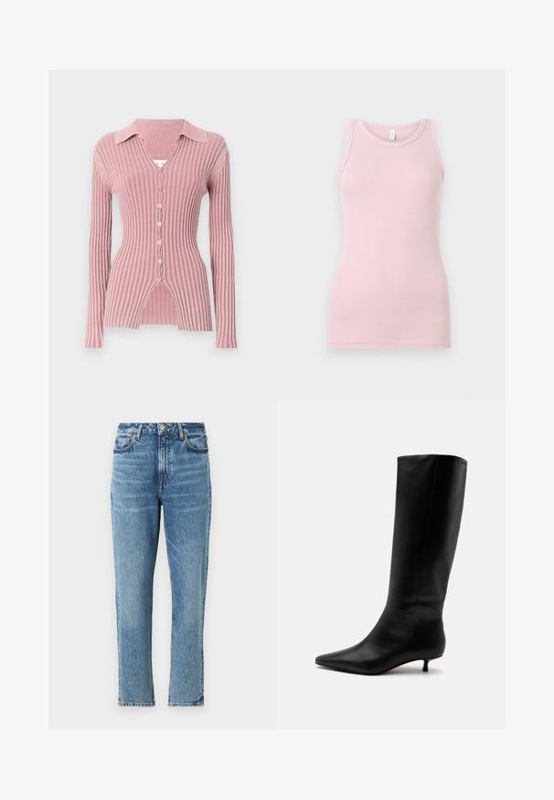 Langærmet, ribbet cardigan i lys pink, med krave ved halsen, v-hals og fem knaplukninger samt en karakteristisk splitkant.; Lyserød tanktop lavet af blød og strækbar stof. Har en rund halsudskærm og smalle skulderstropper, med en glat tekstur og tætsiddende pasform.; Lyseblå denimjeans med høj talje, lige ben og slidt tekstur. Udstyret med sølvhardware og kontrasterende syninger.; Sort læder knæhøj støvle med spids snude og lav kittenhæl mod en ensfarvet lys baggrund.