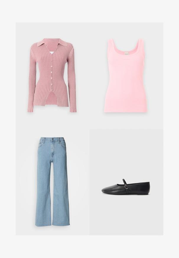 Cardigan de manga larga y canalé en rosa claro, con un cuello con solapas, escote en V y cierre de cinco botones con un distintivo dobladillo dividido.; Camiseta sin mangas de canalé rosa claro con escote redondo y etiqueta de Calvin Klein en el interior del cuello trasero.; Vaqueros de pierna ancha en azul claro, fabricados en denim, con una cintura ajustada, diseño de cinco bolsillos y sutiles detalles de costura.; Bailarinas de cuero negro con punta afilada, suela plana y una pequeña correa con detalle de hebilla plateada.