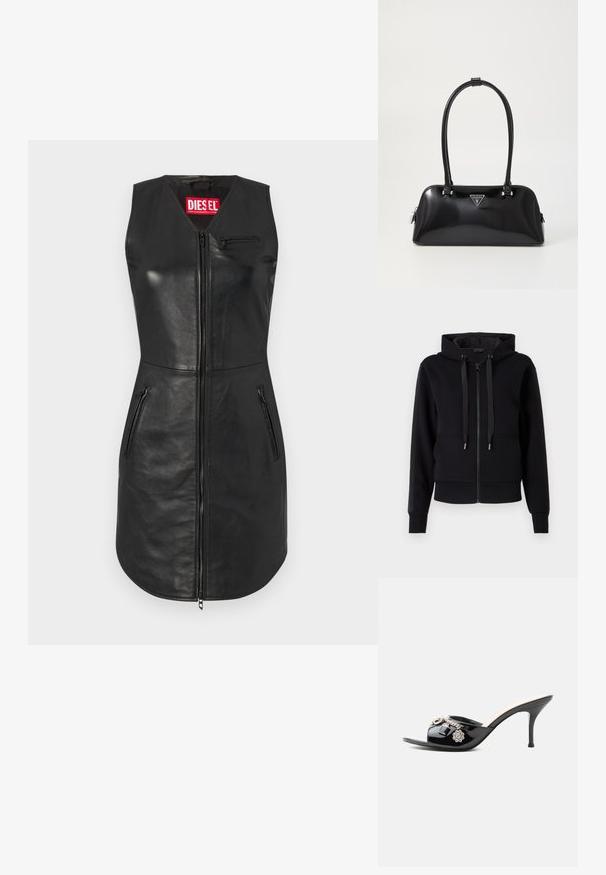 Sort zip-up hoodie lavet af blødt stof, med hætte, snore og ribbet manchetter. Glat tekstur med sidelommer.; Sort læderkjole uden ærmer med lynlås-lukning, to sidelommer og en lynlåslomme på brystet. Bemærkelsesværdigt Diesel-logo i rødt på kraven.; Sort laklæder højt hælet mule med åben tå og dekorative sølvcharme inklusive en blomst og hængelås på frontstroppen.; Sort glanshandtaske med en buet silhuet, to håndtag og en frontlogo-plakette. Lynlås lukning og skinnende hardware-detaljer.