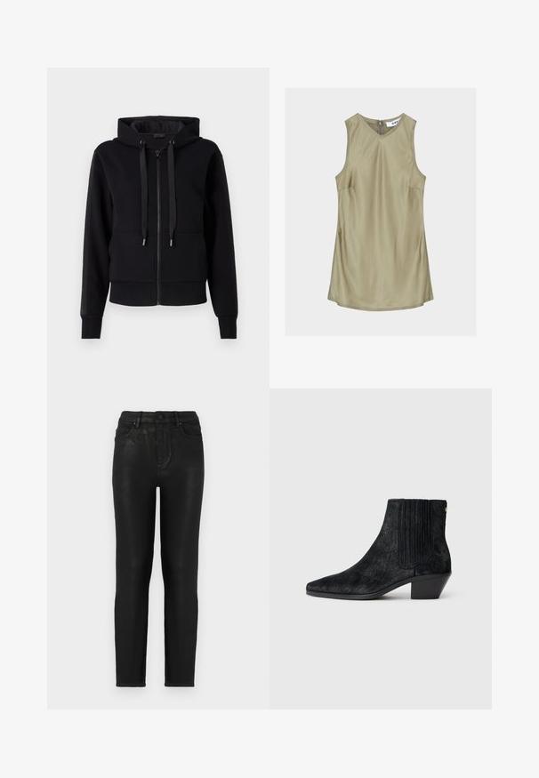 Sort zip-up hoodie lavet af blødt stof, med hætte, snore og ribbet manchetter. Glat tekstur med sidelommer.; Ærmeløs olivengrøn V-hals kjole med synlige syninger og lynlåslukning bag på nakken, label indeni med teksten "DAY."; Sorte denim jeans med slim fit, der har høj talje, klassisk fem-lomme design og en subtil glans-struktur. Standard frontknaplukning.; Sort ankelstøvle med spidse tæer, tekstureret håragtigt materiale, ribbet sidepanel og en lav, firkantet hæl. Simpelt og moderne design.