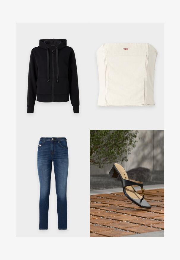 Sort zip-up hoodie lavet af blødt stof, med hætte, snore og ribbet manchetter. Glat tekstur med sidelommer.; Lys beige, tætsiddende cropped top lavet af bomuld, med en lige halsudskæring, minimale syningsdetaljer og et lille rødt logo på forsiden.; Slanke jeans i mørkeblå denim med subtilt slid. Har et klassisk fem-lomme design og metalknaplukning.; Sort hælsandal med tå-loop og gyldent accent, placeret på en træ- og stenbelagt overflade udendørs nær grønne områder.