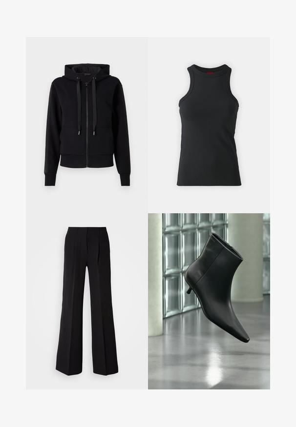 Sort zip-up hoodie lavet af blødt stof, med hætte, snore og ribbet manchetter. Glat tekstur med sidelommer.; Sort ærmeløs tanktop lavet af strækbart stof. Har en rund hals og en tætsiddende silhuet med minimale syninger.; Sorte bukser lavet af glat stof, med høj talje, bred ben silhuet og to frontfolder for ekstra design detaljer.; Sort læderankelstøvle med spids tå og lav kitten-hæ, vist vinklet mod en poleret gulv- og glasblokvæg.