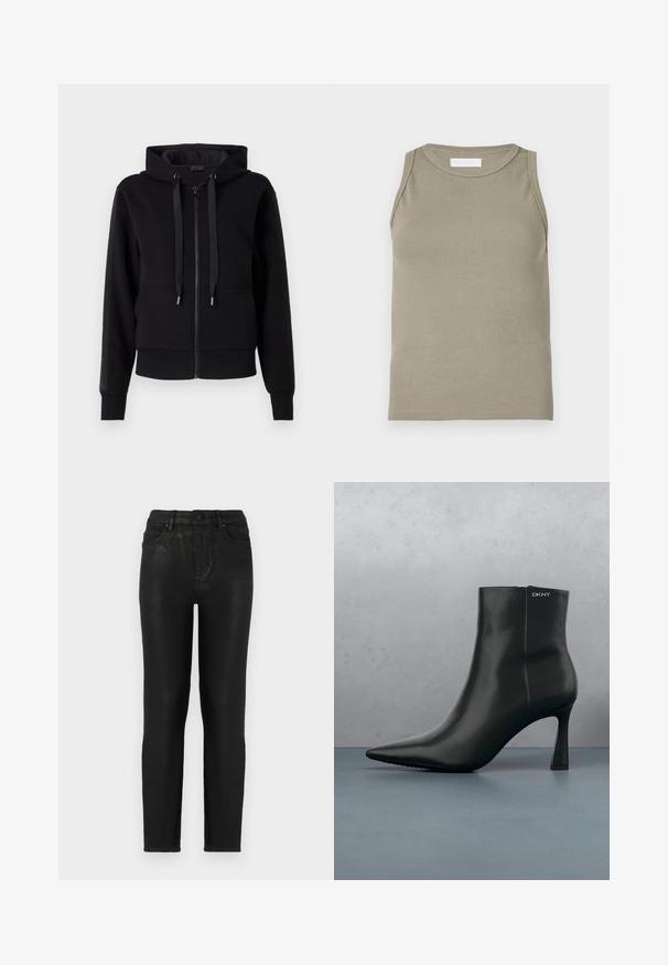 Sort zip-up hoodie lavet af blødt stof, med hætte, snore og ribbet manchetter. Glat tekstur med sidelommer.; Ribbet tanktop i olivengrøn med rund halsudskæring og ærmeløs design. Fremstillet af blødt, elastisk materiale med en tætsiddende pasform.; Sorte denim jeans med slim fit, der har høj talje, klassisk fem-lomme design og en subtil glans-struktur. Standard frontknaplukning.; Sort læder ankelstøvle med spids tå og geometrisk hæl. Har subtil branding og en glat overflade. Baggrunden består af strukturerede fliser.
