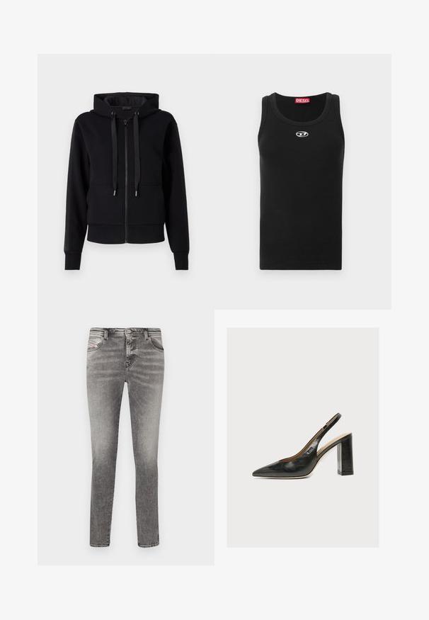 Sort zip-up hoodie lavet af blødt stof, med hætte, snore og ribbet manchetter. Glat tekstur med sidelommer.; Sort tanktop lavet af bomuldsstof med rund halsudskæring, ærmeløs design og lille hvidt logo på brystområdet.; Gry denim skinny jeans med fem lommer, lysvasket og nitterdetaljer. Har en knaplukning og bæltestropper langs taljen.; BOSS MIAH - Pumps - black
