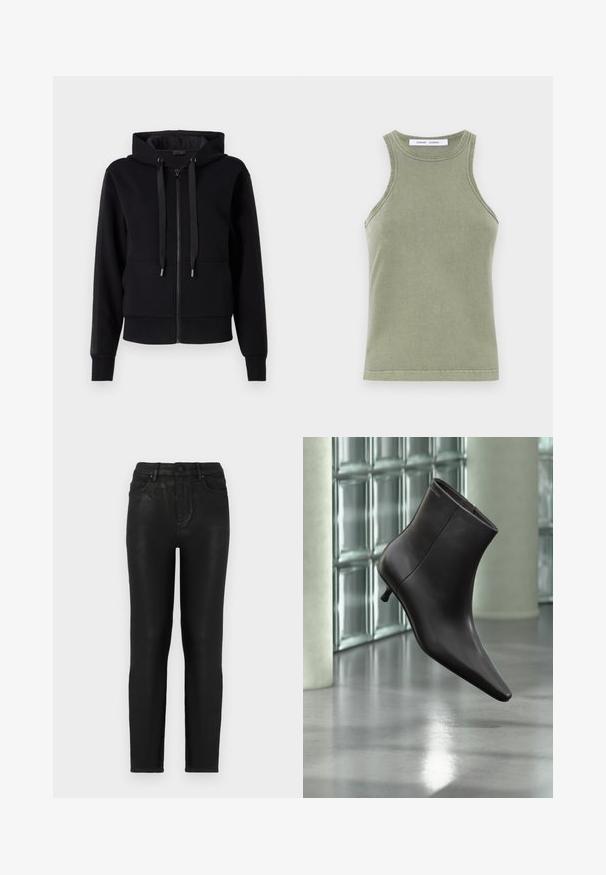 Sort zip-up hoodie lavet af blødt stof, med hætte, snore og ribbet manchetter. Glat tekstur med sidelommer.; Olivengrøn tanktop lavet af blødt bomuld, med rund halsudskæring, ærmeløs design og syede kanter. Enkel, tætsiddende form.; Sorte denim jeans med slim fit, der har høj talje, klassisk fem-lomme design og en subtil glans-struktur. Standard frontknaplukning.; Sort læderankelstøvle med spids tå og lille hæl vist mod en væg af glasblokke og poleret gulv baggrund.
