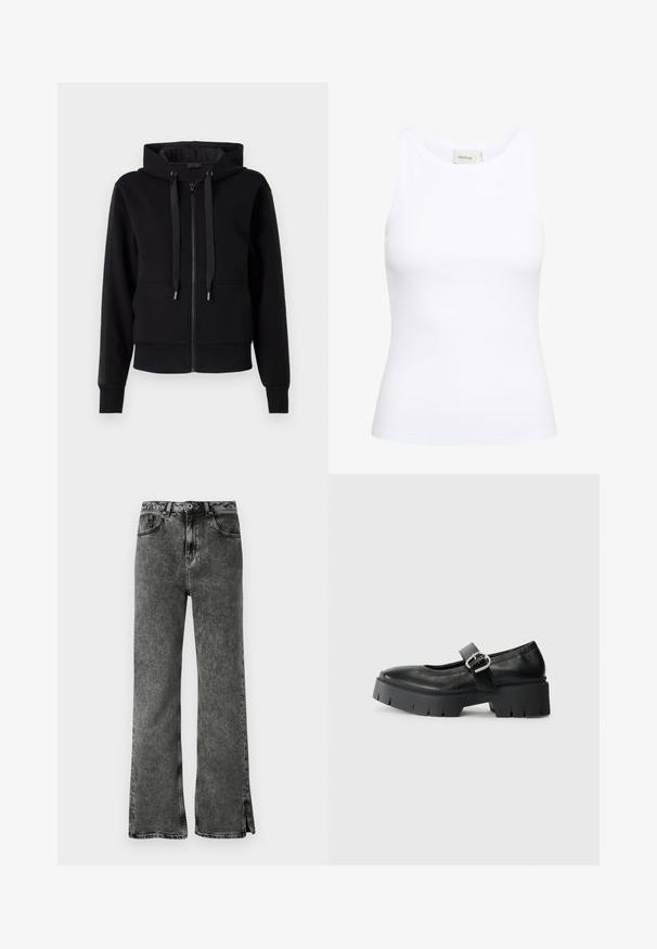Sort zip-up hoodie lavet af blødt stof, med hætte, snore og ribbet manchetter. Glat tekstur med sidelommer.; Hvid ribbet tanktop med rund halsudskæring og uden ærmer. Strækbart stof og tætsiddende design. Etiketten bagpå viser "GESTUZ."; Sorte flare jeans med en falmet vask, høj talje og sideskår ved kanten. Lavet af denim med en glat tekstur og klassisk fem-lomme design.; Sorte læder Mary Jane sko med en chunky platform sål, rund tå og sidelukning. Glat tekstur med minimal syning.