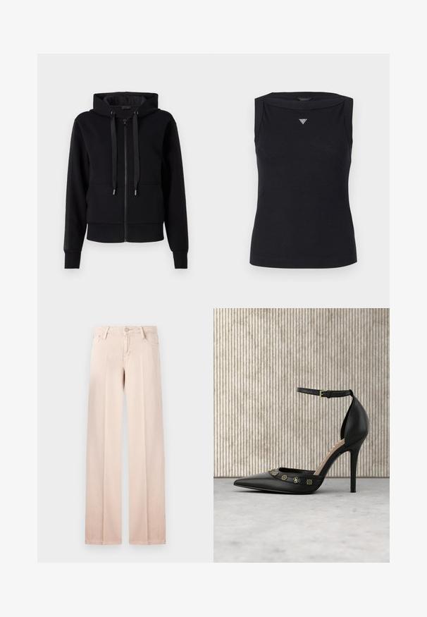 Sort zip-up hoodie lavet af blødt stof, med hætte, snore og ribbet manchetter. Glat tekstur med sidelommer.; Sort ærmeløs top lavet af bomuld, med bådudskæring og et lille krystal trekantlogo på brystet. Glat tekstur.; Beige bredde ben jeans i en glat bomuldsblanding, fem-lomme design, bæltestropper og en knaplukning. Minimalistisk stil og lys farve.; Sort læder pumphøjhælede sko med spids tå, ankelrem og guldfarvede udsmykninger hen over overdelen. Glat tekstur.