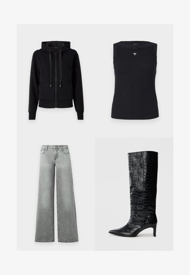 Sort zip-up hoodie lavet af blødt stof, med hætte, snore og ribbet manchetter. Glat tekstur med sidelommer.; Sort ærmeløs top lavet af bomuld, med bådudskæring og et lille krystal trekantlogo på brystet. Glat tekstur.; Grå vidde jeans lavet af denim, med fem lommer, høj talje og en let falmet finish med synlige sømme.; Sorte knæhøje støvler med en blank, krokodillemønstret tekstur, spids tå og en affaset hæl. Glat syntetisk materiale.