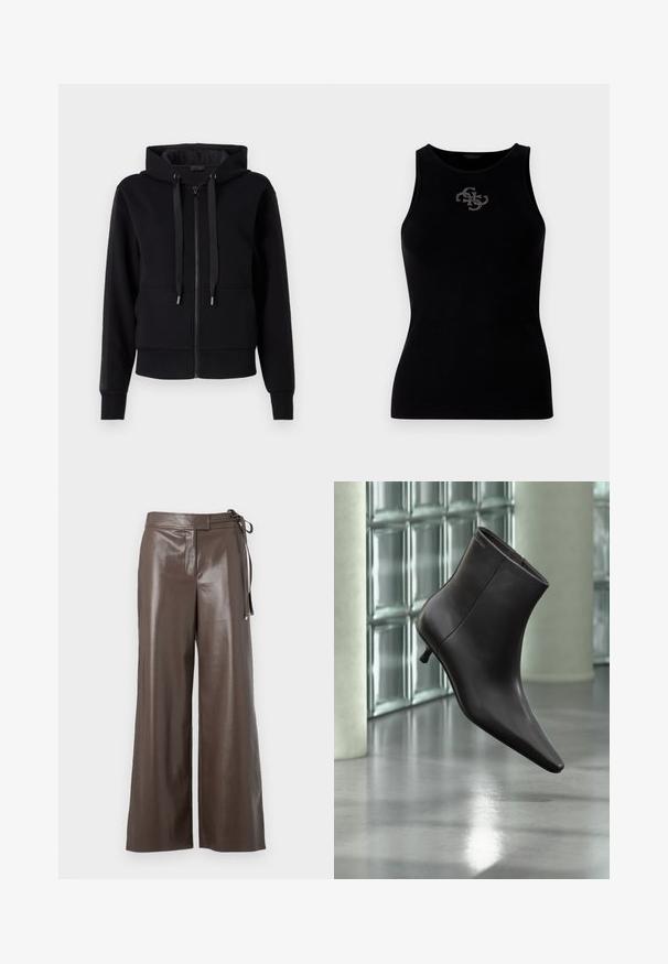 Sort zip-up hoodie lavet af blødt stof, med hætte, snore og ribbet manchetter. Glat tekstur med sidelommer.; Sort ribbet tank top med rund udskæring og et logo prydet med sølvfarvede nitter på forsiden. Blødt, strækbart stof.; Brune faux læder vide bukser med høj talje og sidesnor-detalje på hvid baggrund.; Sort læderankelstøvle med spids tå og lille hæl vist mod en væg af glasblokke og poleret gulv baggrund.